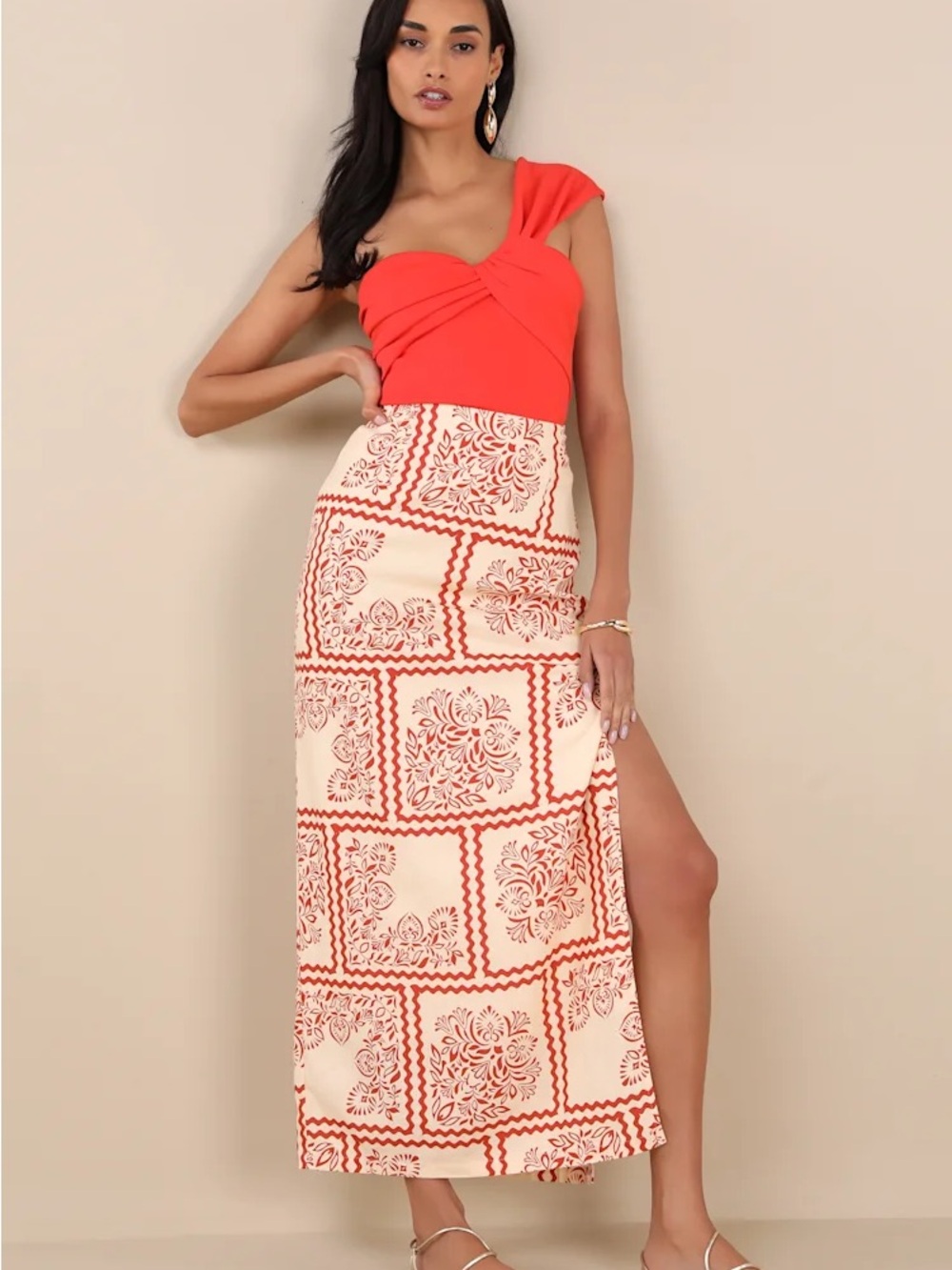 Clementine Cream and Red Boho Print High-Rise Maxi Skirt